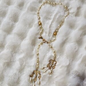 VTG 29" Signed EXP Made In Korea gold tone off white faux pearl knotted Necklace
